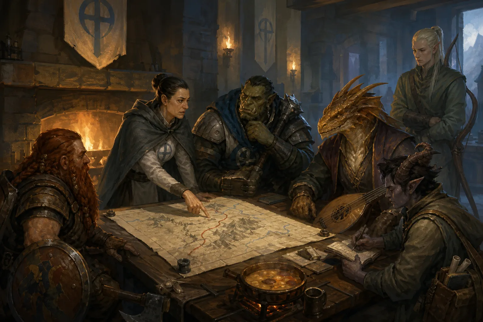 Sister Raina gives the party directions toward Marrow's Cliff over a hot pot in the keep hall.