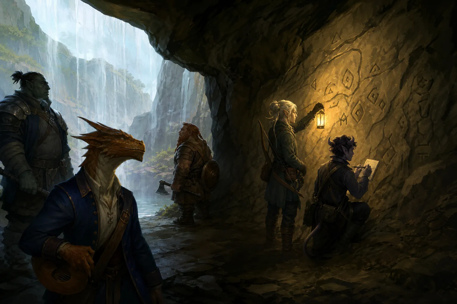 Yenn and Ilsevir investigate the cave behind the waterfall while the others wait on the rock shelf.