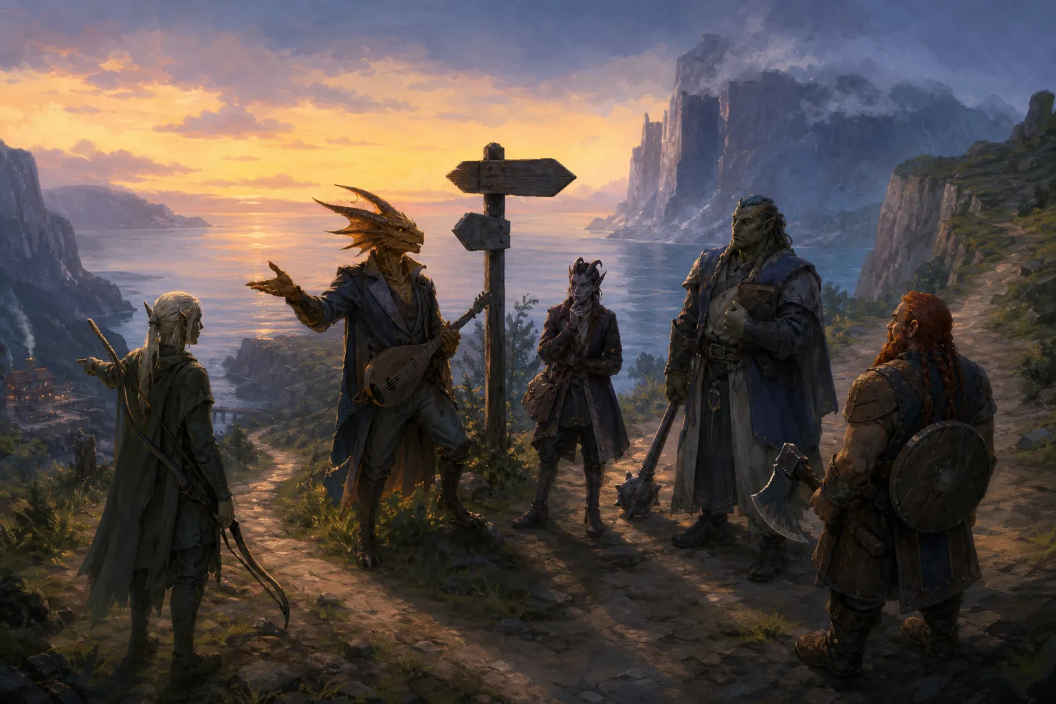 The party debates the two roads at the coast-road fork, with Marrow's Cliff ahead across the gray fjord.