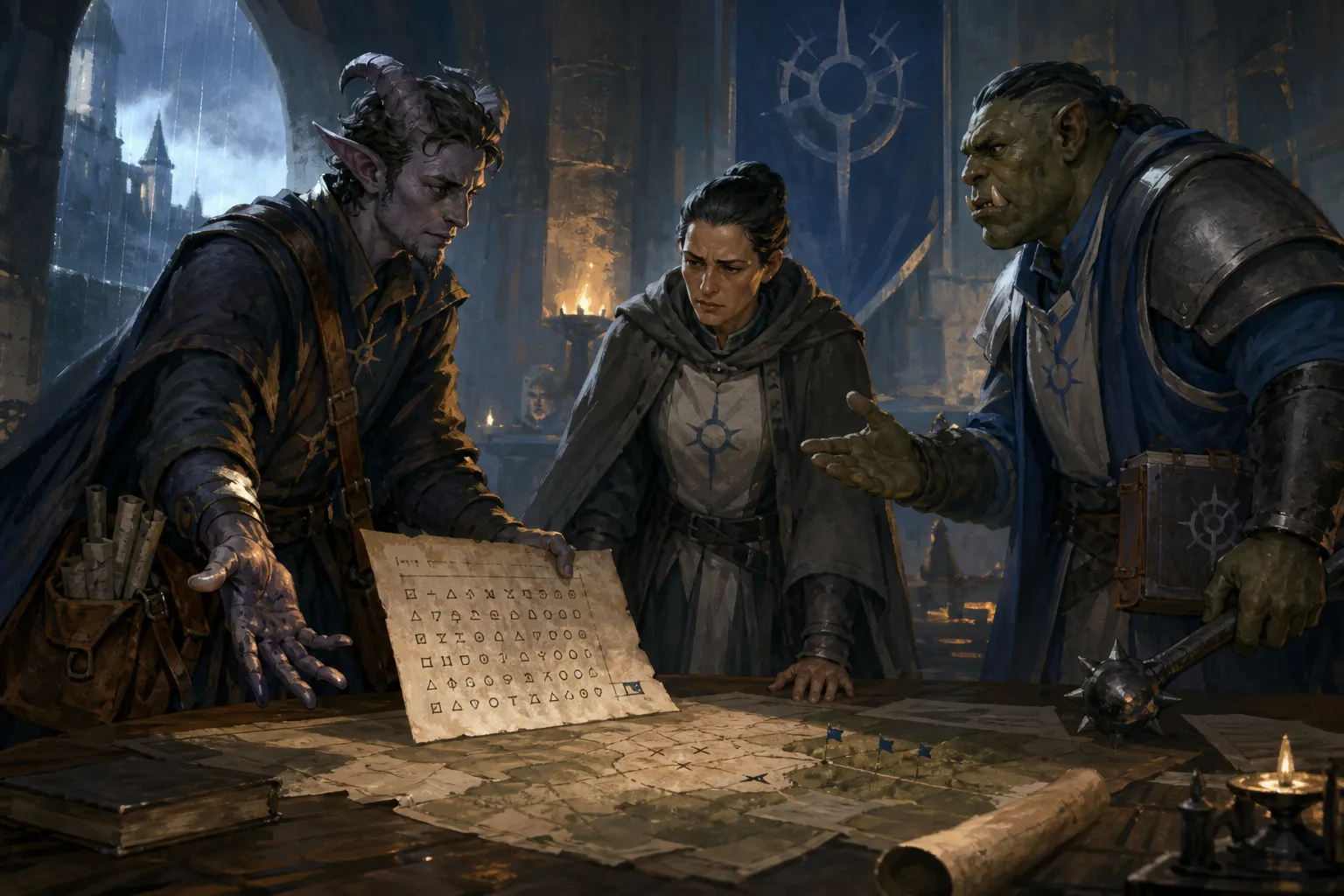 Ilsevir displays the ciphered orders and marked map before Sister Raina in the keep hall.