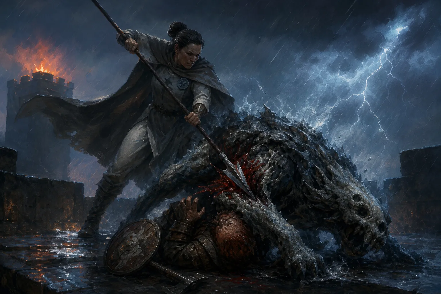 Sister Raina spears the beast that has knocked Kettra down.