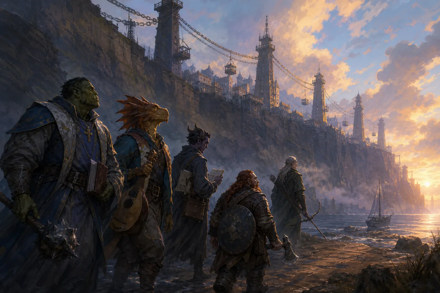 The party approaches Marrow's Cliff along the low shore road as the lift chains work overhead.