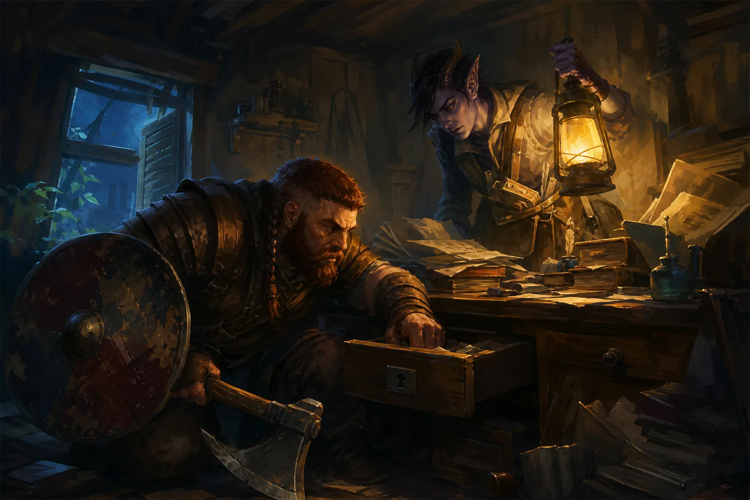 Kettra and Ilsevir search the Tower Six office by lamplight after entering through the rear window.