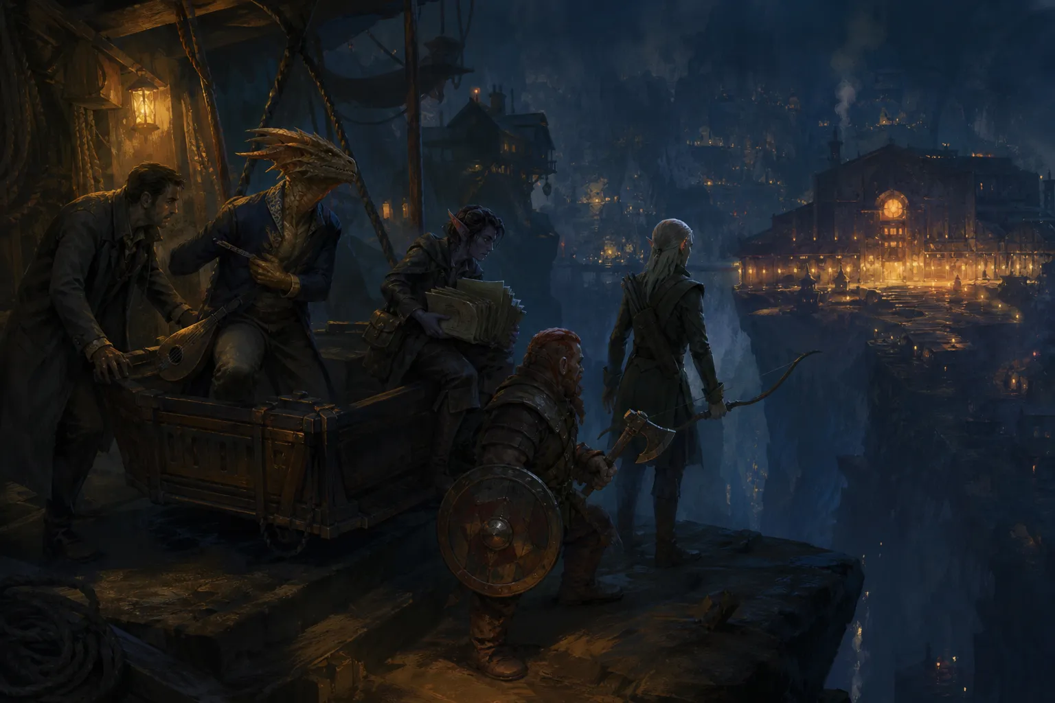 The party emerges from Tower Nine's hand-wound maintenance cradle behind an upper-city rope store, facing the distant lit warehouse.