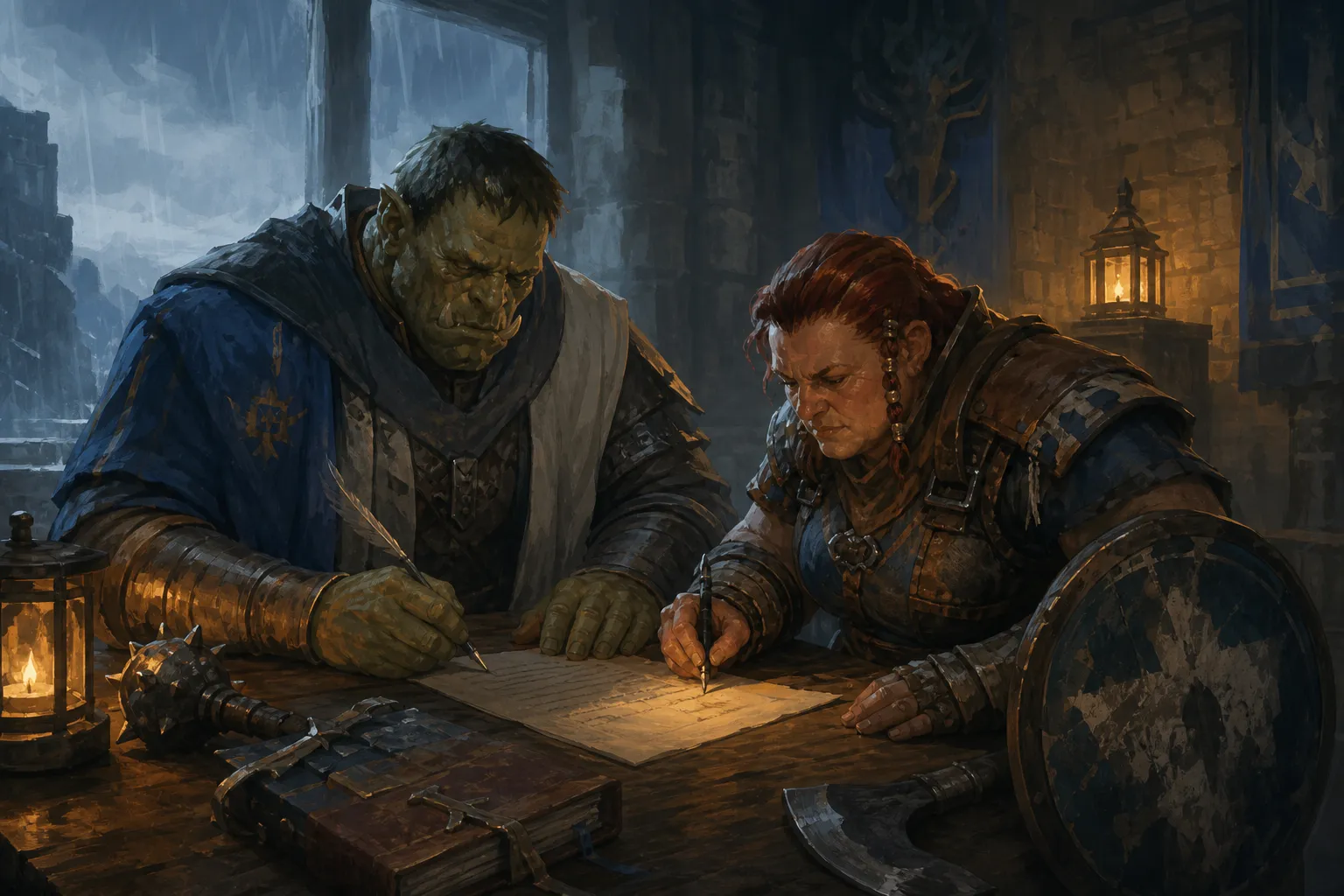 Brask writes the restrained account of Sister Raina's death while Kettra signs it.