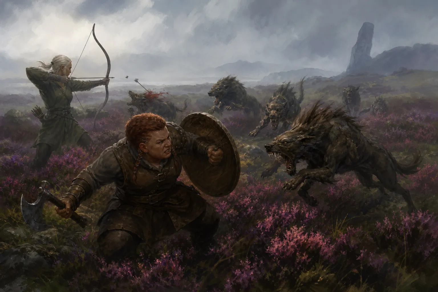 Feral dogs break from the heather and attack the armed travelers.