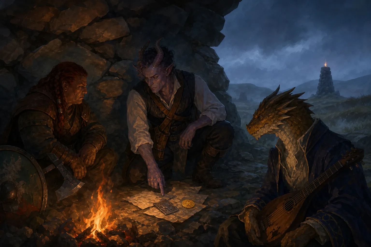 The party gathers in the shelter of a cairn as Ilsevir lays out the evidence of the Kindling Rite's preparations.