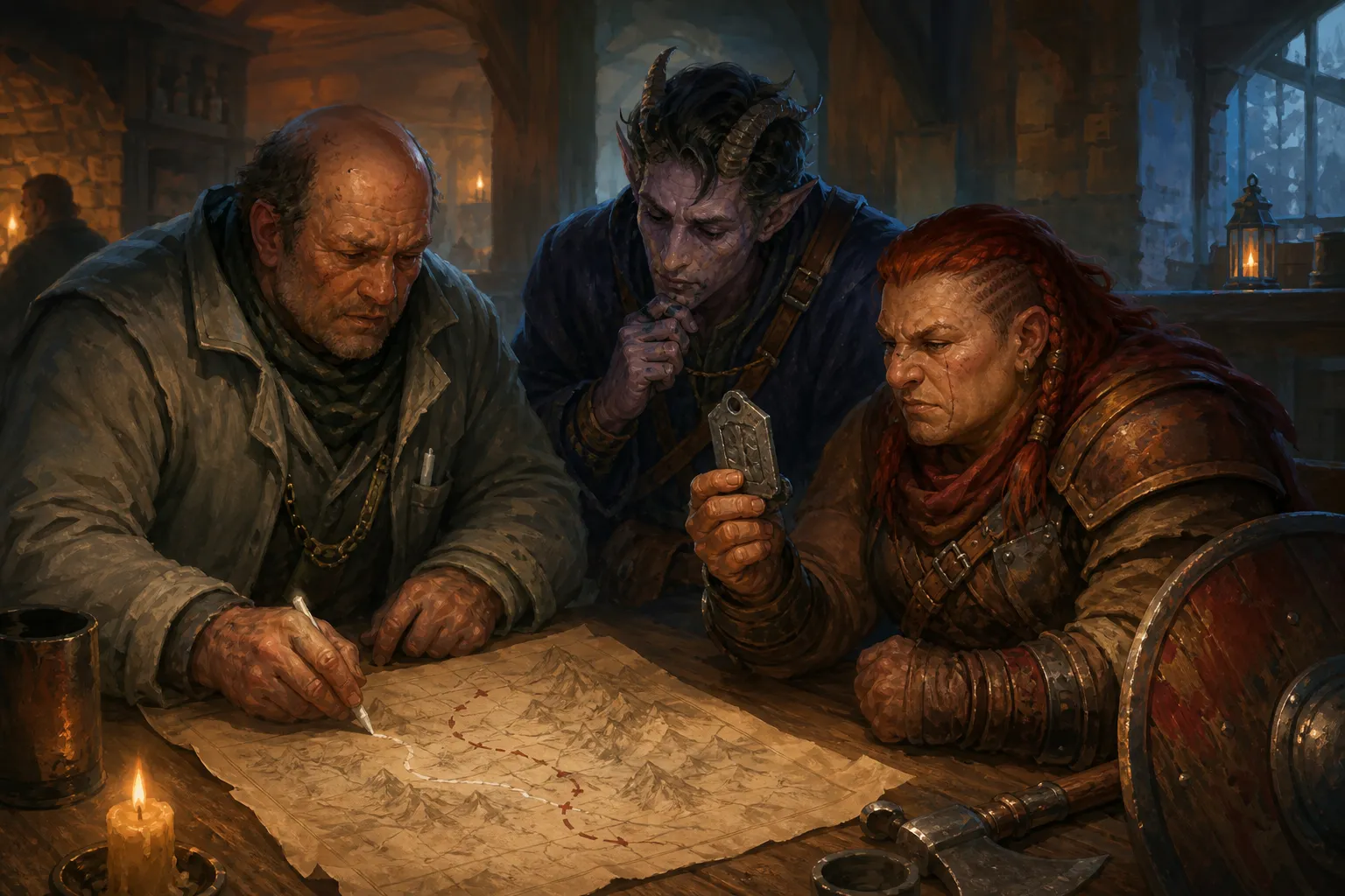 Torvin sketches the route to Warden’s Watch while the party studies the iron tag.