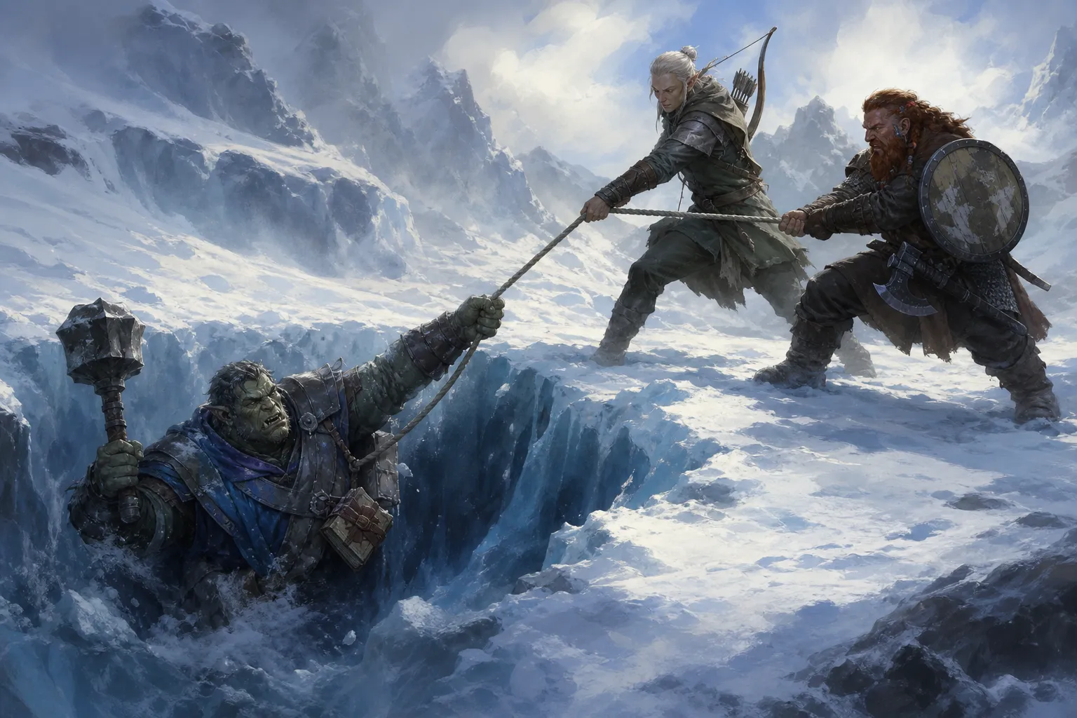 Brask hangs trapped in a hidden crevasse while the party hauls on the rope.