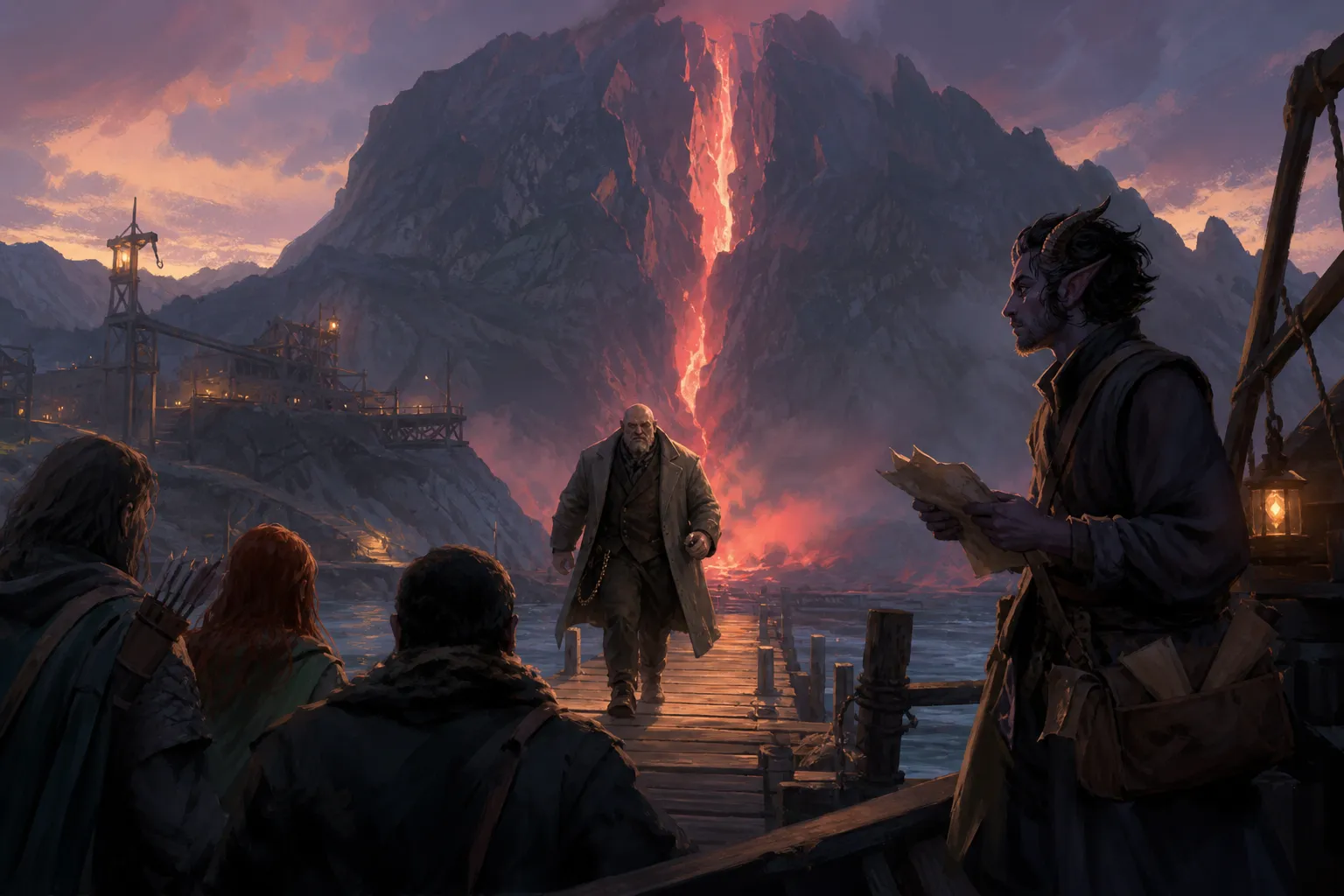 Torvin meets the returning party on Kaldrek's dock as the opened mountain looms beyond them.