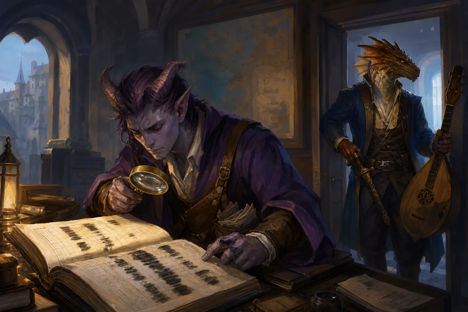 Ilsevir reveals the altered cargo entries in Varnhall's ledger with the ledgerhand glass while Faro watches for the clerk.