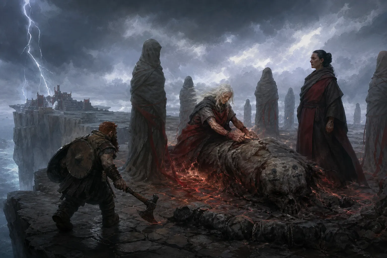 Mother Ash completes the unfinished tagged creature as the party reaches the edge of the clifftop ring.