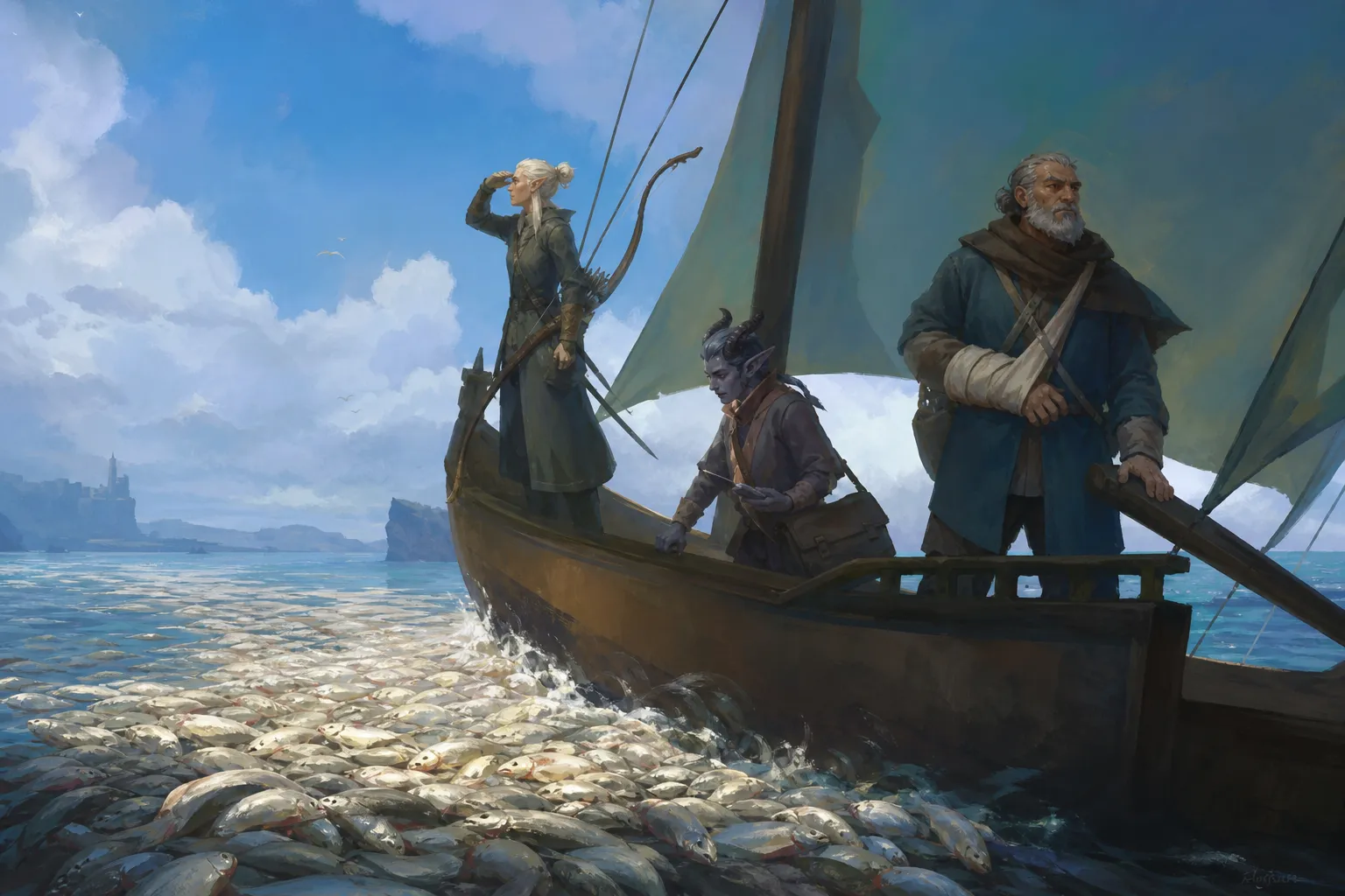 The Senate Mar pushes through a dense spread of dead fish.