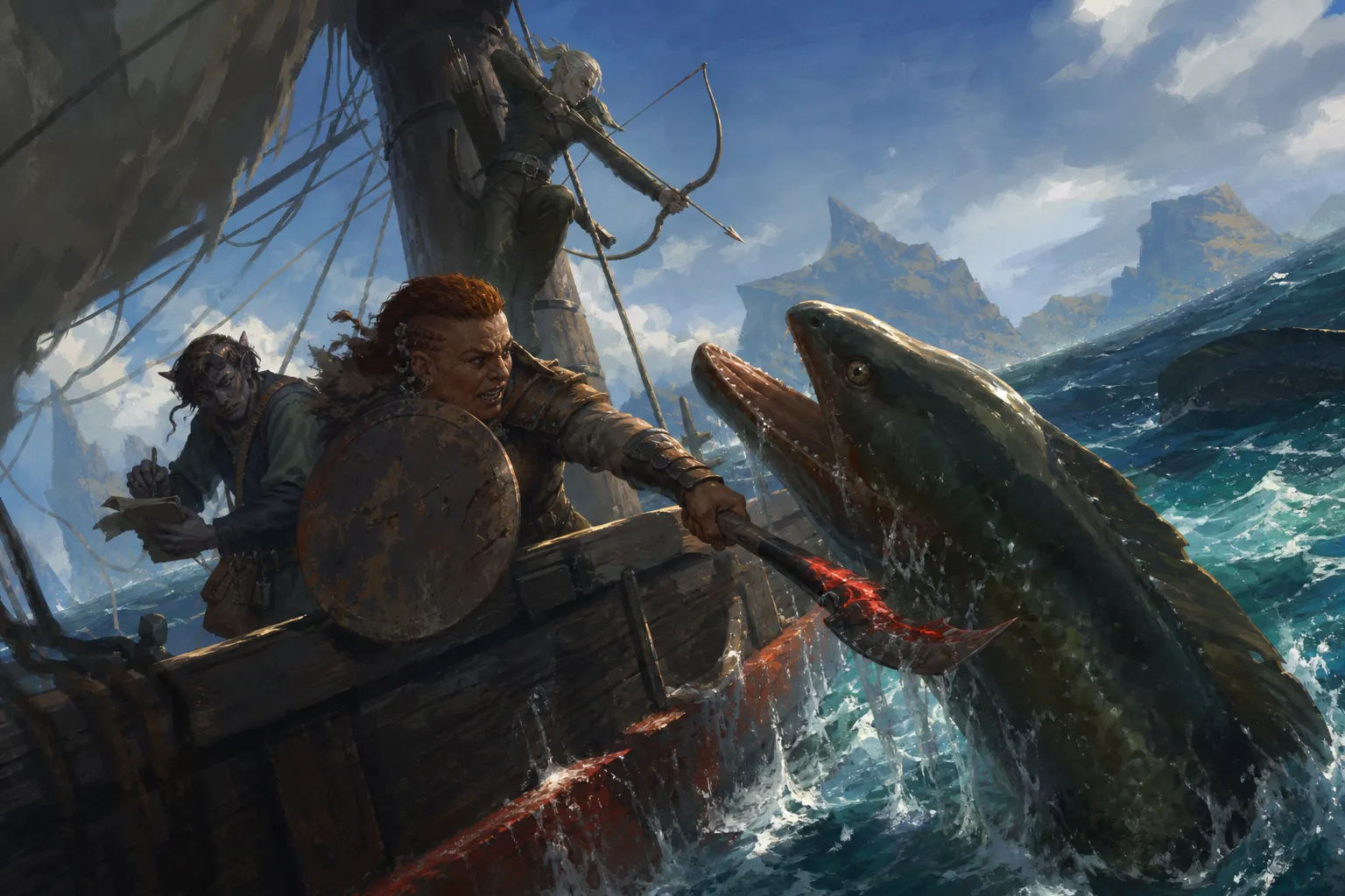 Yenn fires from the mast as Kettra braces herself at the rail against an eel.